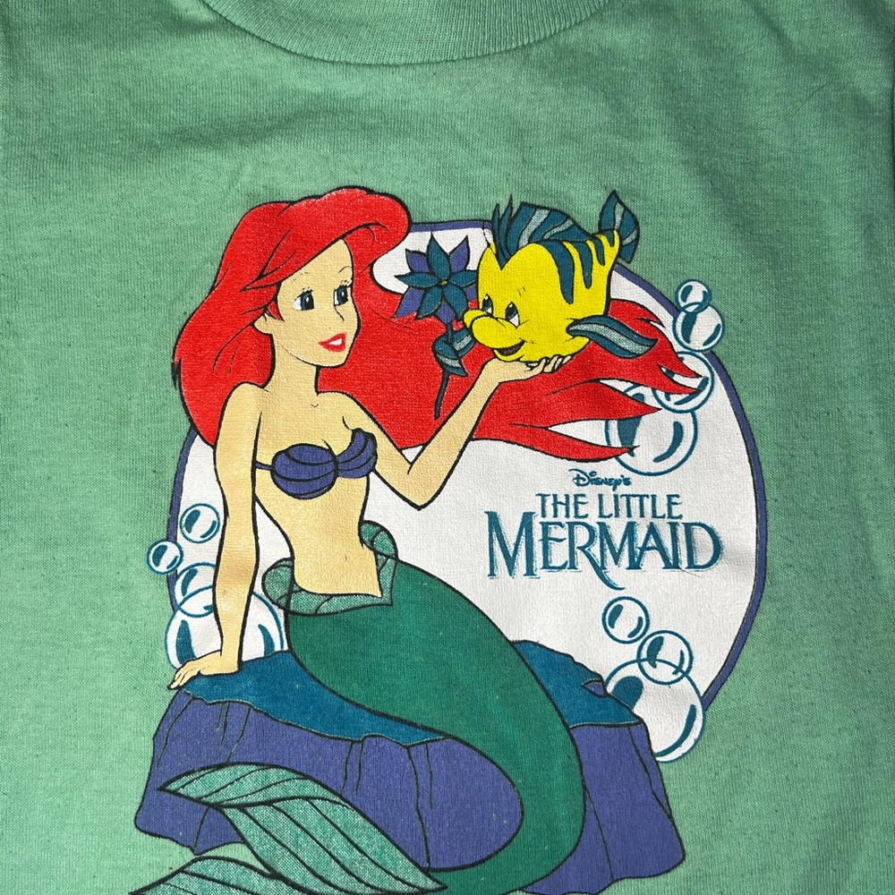 Vintage 90s Disney The Little Mermaid Ariel Flounder T-Shirt Toddler 4T Green‎